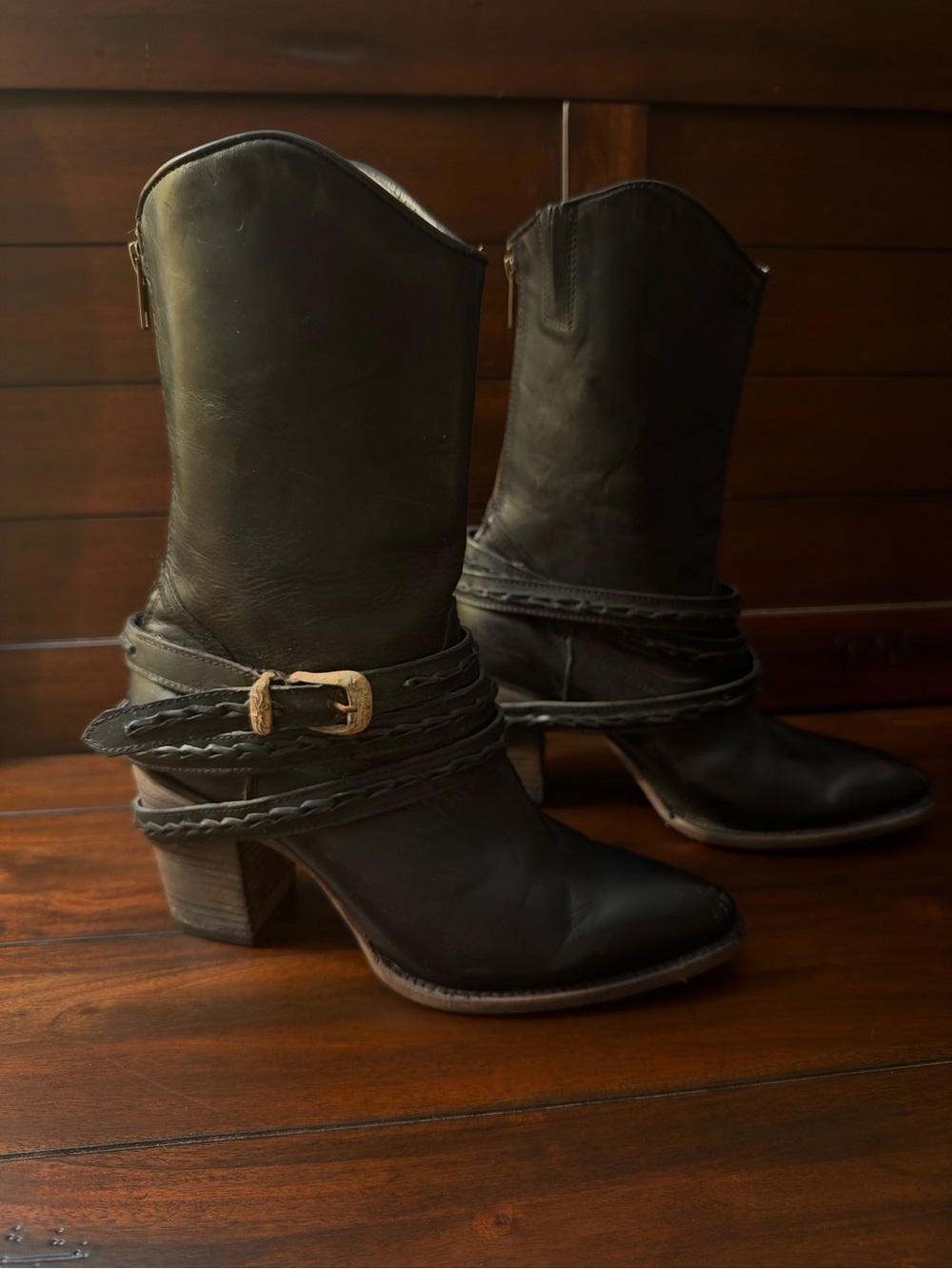 Freebird by Steven Cadence Black Leather Western Heeled Boots with Wrap Strap